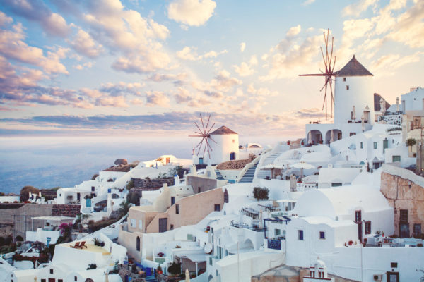 Beautiful Santorini landscape, Greece landmark. Clouds sky and coastline