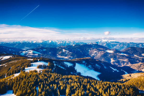 Schneeberg and Rax region in Niederösterreich. View from Wechselland in the Austrian Alps during winter.