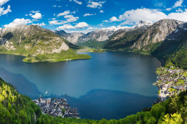 Panorama of Alps mountains above the famous Hallstatt village, Austria
