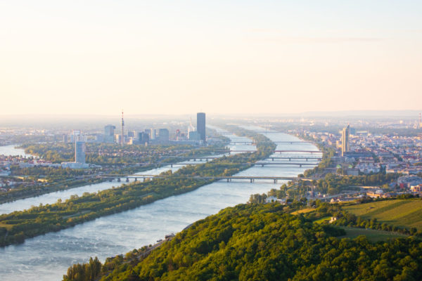 Vienna, Austria in Europe. Panoramic view to the city and the danube river from Kahlenberg hill.